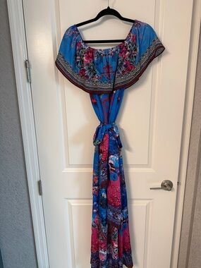 Boston Proper Blue & Pink Floral Off-Shoulder Maxi Dress